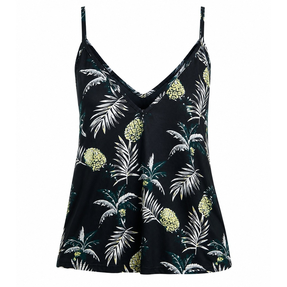 Women's Tropical Pineapple Palm Print Cami‎ Tank Top Black Sleeveless Size XL